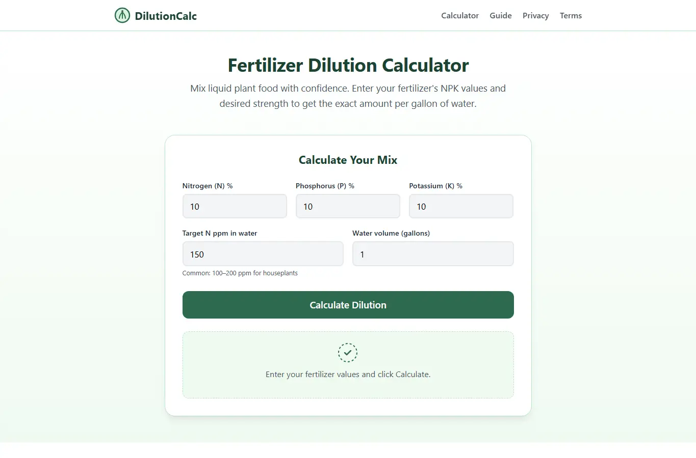 Screenshot of Fertilizer Dilution Calculator – Mix Liquid Plant Food Safely interface showing the project page in use